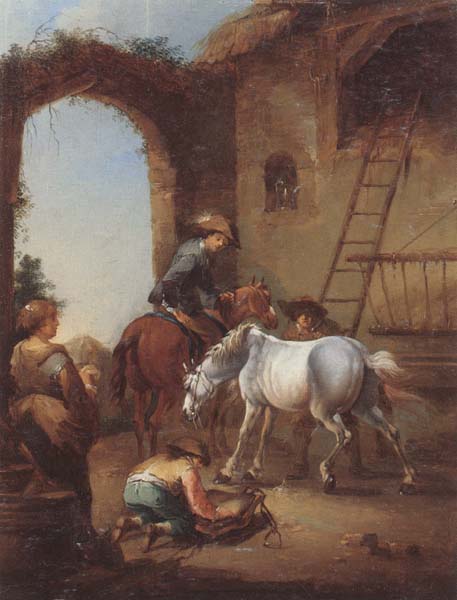 Horsemen saddling their horses